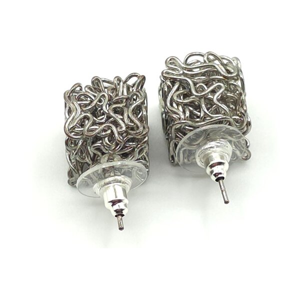 Abstract Sculptural Silver Wire Earrings With Post Back Closure - Picture 5 of 5